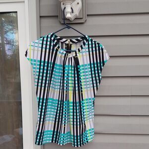 Worthington Blue White Multicolor Ruched Cap Sleeve Top